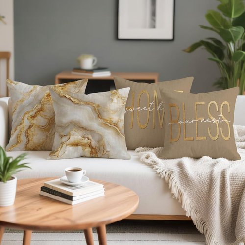 OBSEDE Inspirational Beige Marble Throw Pillow Covers 18 × 18 in, Set of 4, Couch Cushion Cases Inserts for Sofa Bed Living Room Home Decor, Single-Sided Print