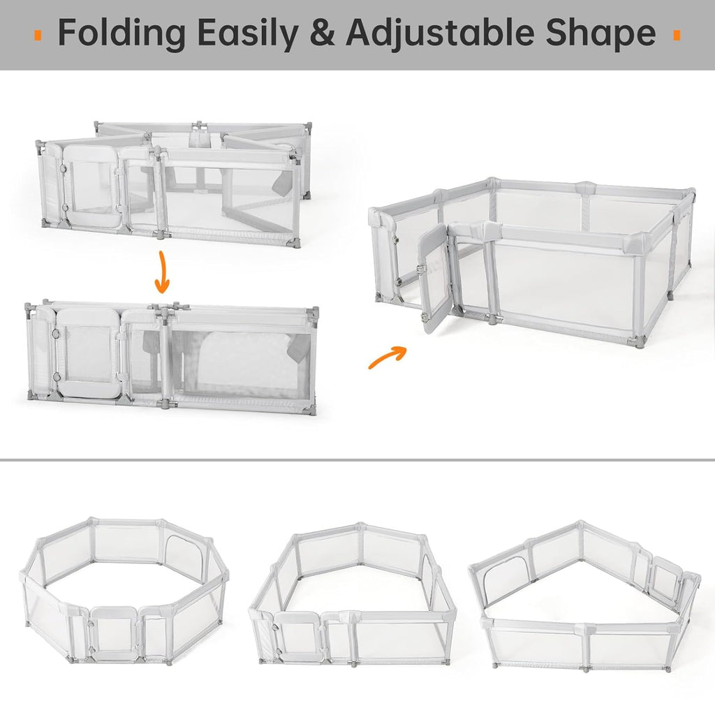 Skiennix Baby Playpen - 71"x71" Foldable Play Yard with Zipper Door & Gate | Light Grey Color