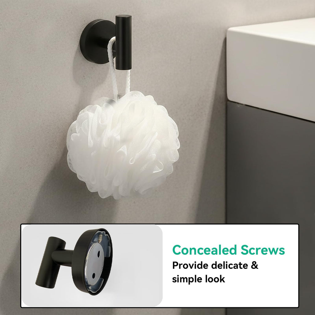 RoDzj Matte Black Bathroom Hardware Set 6-Piece, SUS304 Stainless Steel Bath Accessories Kit, Includes 24" & 16" Towel Bars, Toilet Paper Holder, Towel Ring, 2 Robe Hooks, Wall Mounted Round Style