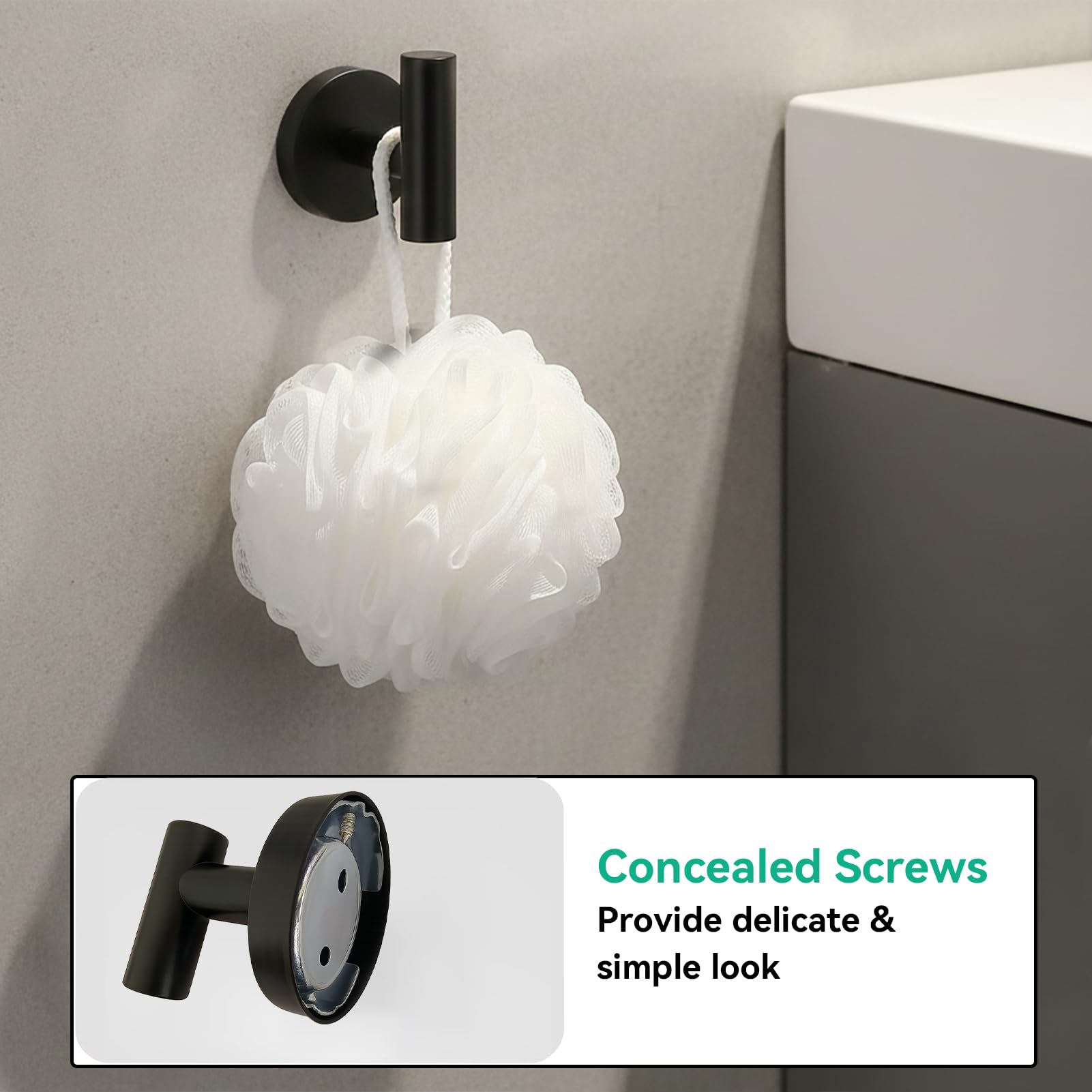 RoDzj Matte Black Bathroom Hardware Set 6-Piece, SUS304 Stainless Steel Bath Accessories Kit, Includes 24" & 16" Towel Bars, Toilet Paper Holder, Towel Ring, 2 Robe Hooks, Wall Mounted Round Style