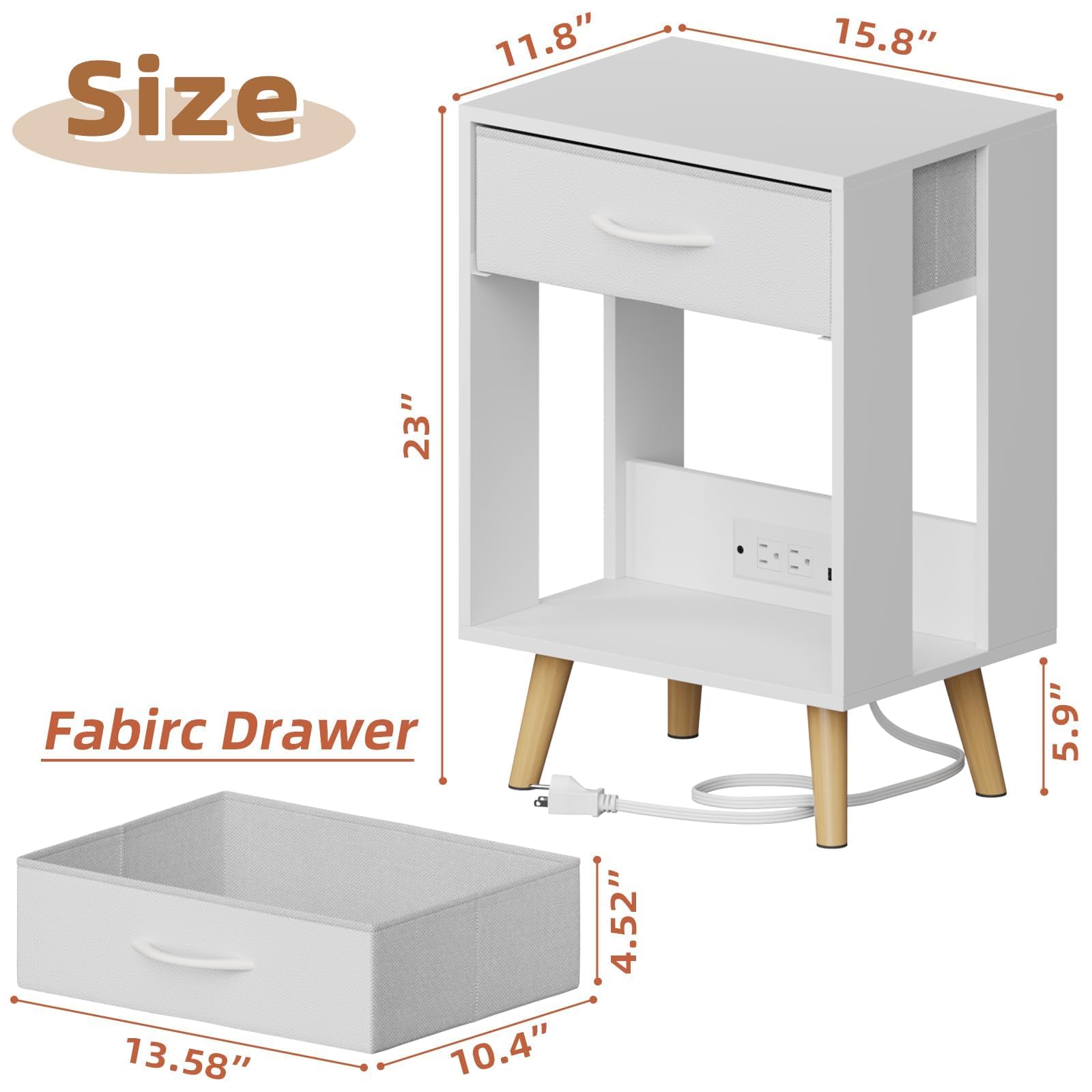 GYIIYUO Nightstand with Charging Station and Fabric Drawer, Side Table with Storage for Bedroom, Night Stand with Open Wood Shelf for Bedroom, Bedside Tables - White