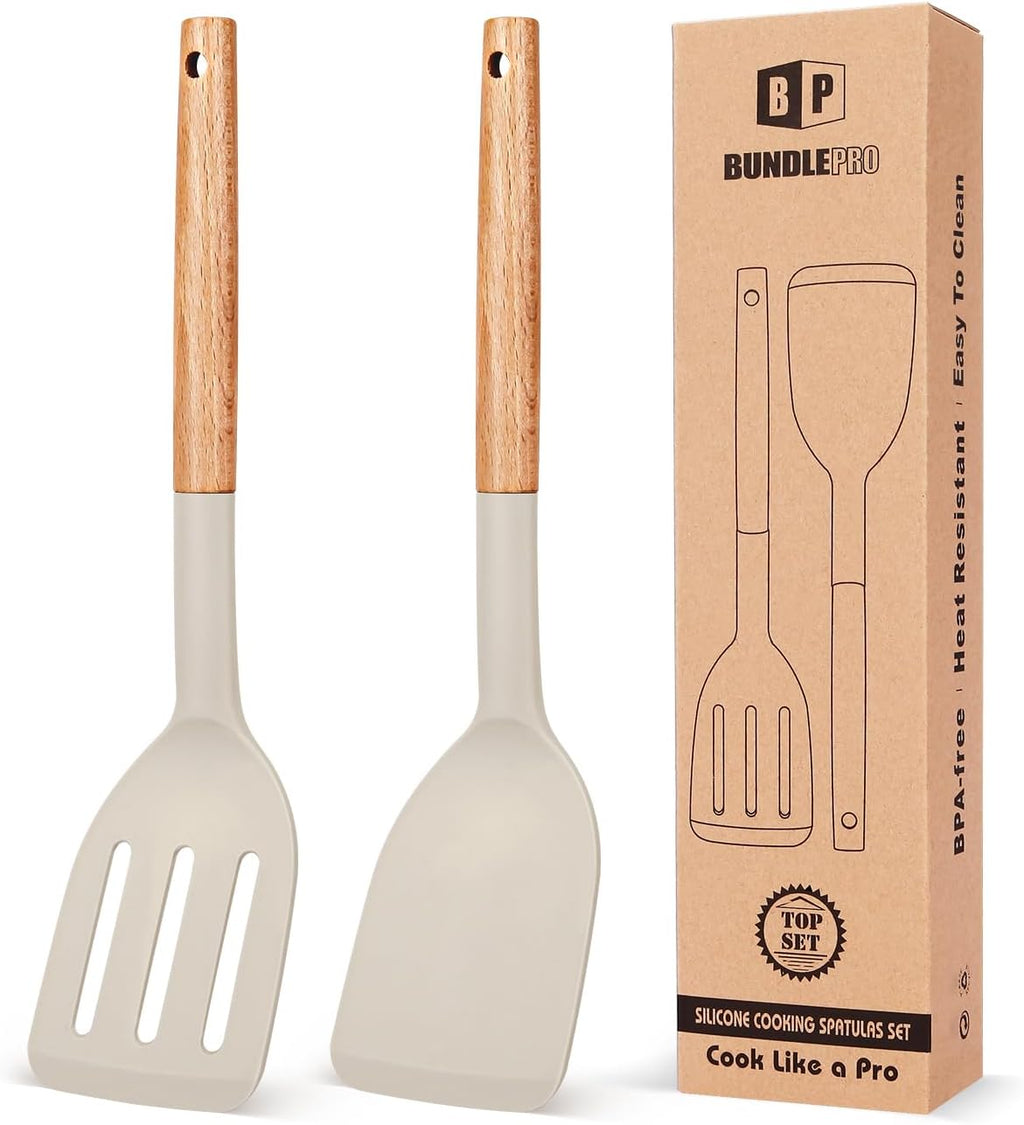 Skiennix Silicone Cooking Spatula Set - Heat Resistant Non-Stick Slotted Turner | Pack of 2 with Wooden Handles