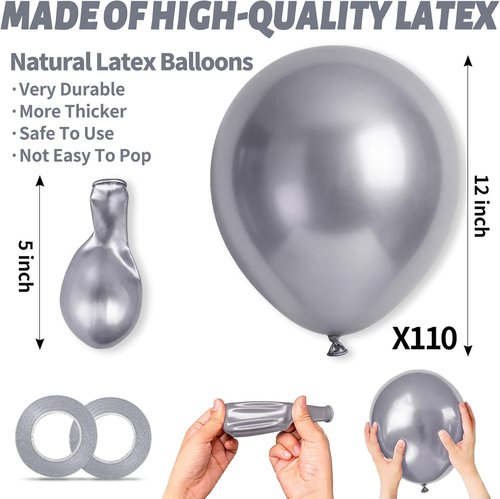 Metallic Silver Balloons by [Brand Name] - 110pcs 12-Inch Latex Balloons for Birthday, Baby Shower & Wedding Celebrations
