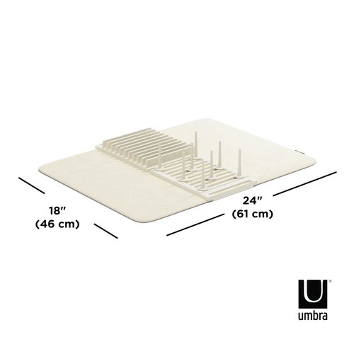Umbra Udry Dish Rack with Movable Pegs and Microfiber Drying Mat – Space-Saving Design Folds Up for Easy Storage, Basic Rack, Linen