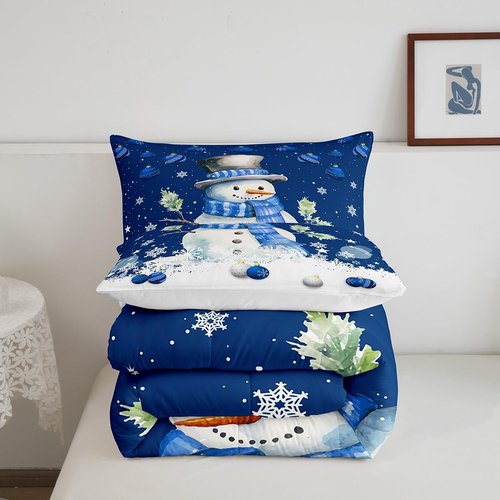 Homewish Cute Snowman Comforter Set Queen Size,Merry Christmas Quilt Set 3Pcs Xmas Bells and Snowflake Bedding Set for Kids Boys Girls Teens Room Decor Cartoon Blue White Duvet Insert,2 Pillowcases