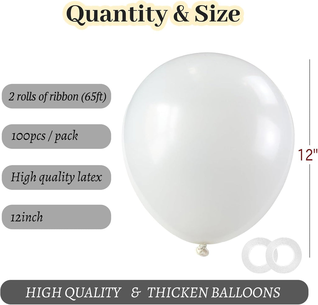 ASIYUHY White Balloons - 100 Pack 12 Inch Latex Balloons with 2 Rolls of Ribbon for Parties & Events