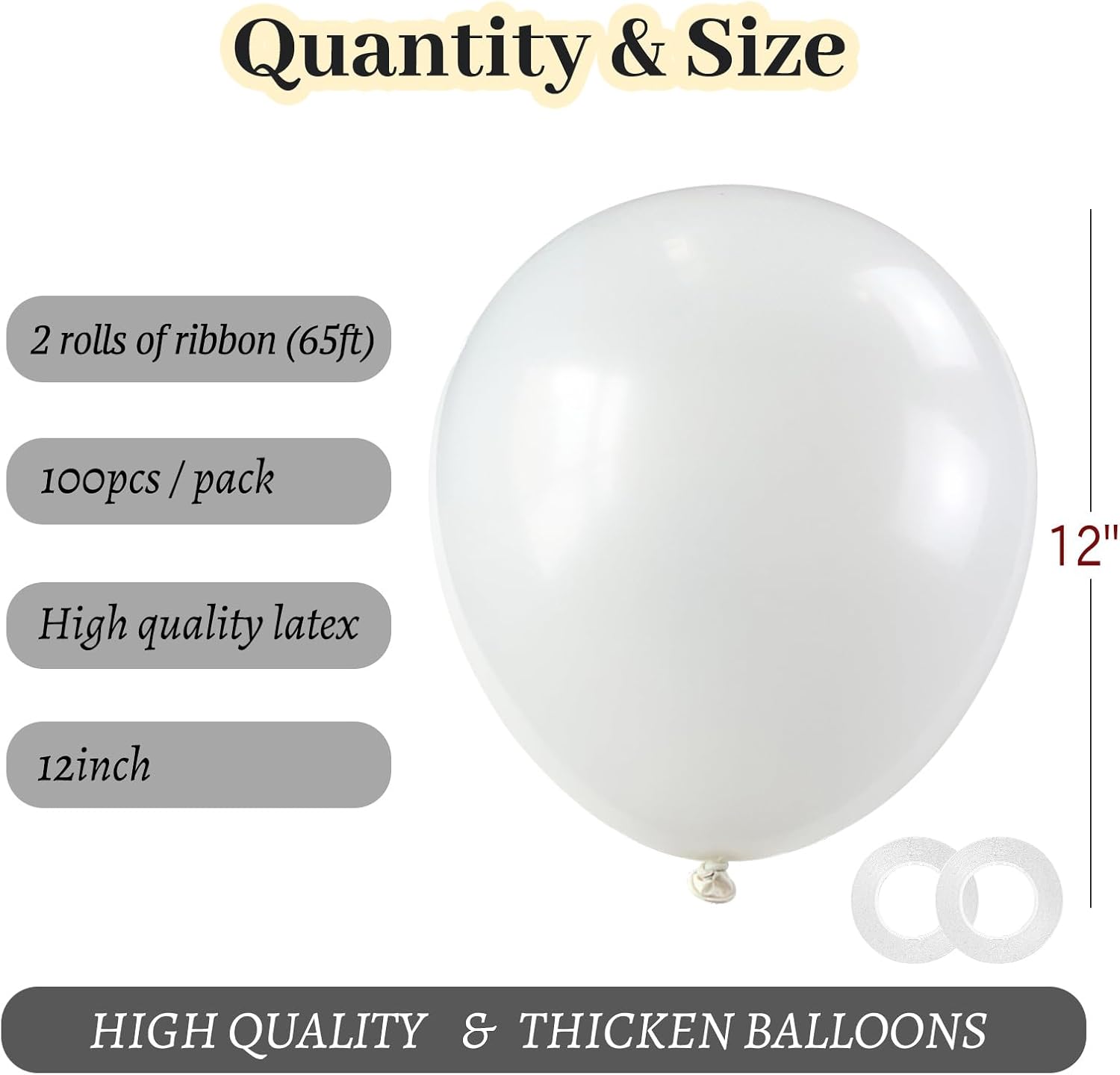 ASIYUHY White Balloons - 100 Pack 12 Inch Latex Balloons with 2 Rolls of Ribbon for Parties & Events