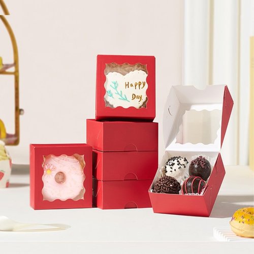 JCXGRVC 50PCS 3.25x3.25x1.5 inches Red Small Bakery Boxes with Window - Cookie Macaron Mini Cake & Truffle Gift Boxes for Christmas Gifts Birthday Wedding Valentine's Day Party Favors