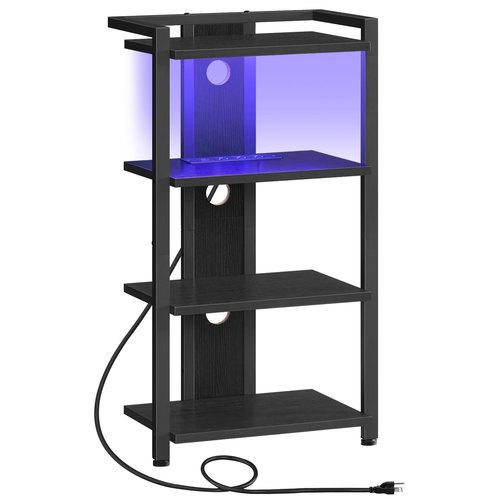 HOOBRO 4-Tier AV Media Stand with Charging Station and LED Light, Wooden Stereo Stand, Rack Audio Tower, Corner TV Stand, Entertainment Device, Black BB38UDCJ01