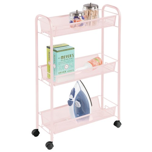 mDesign Steel Rolling Utility Cart Storage Organizer Trolley with 3 Basket Shelves for Laundry Room, Mudroom, Garage, Bathroom Organization - Holds Detergents, Hand Soap - Biro Collection, Light Pink