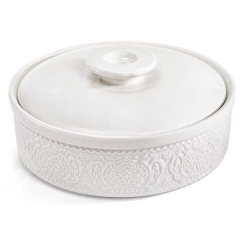 SOUJOY Ceramic Tortilla Warmer, 8.5 Inch Embossed Taco Holder with Lid, Microwave and Oven Safe Tortilla Storage Container for Mexican Party Tuesday Night, Hold up to 12 Tortillas, White