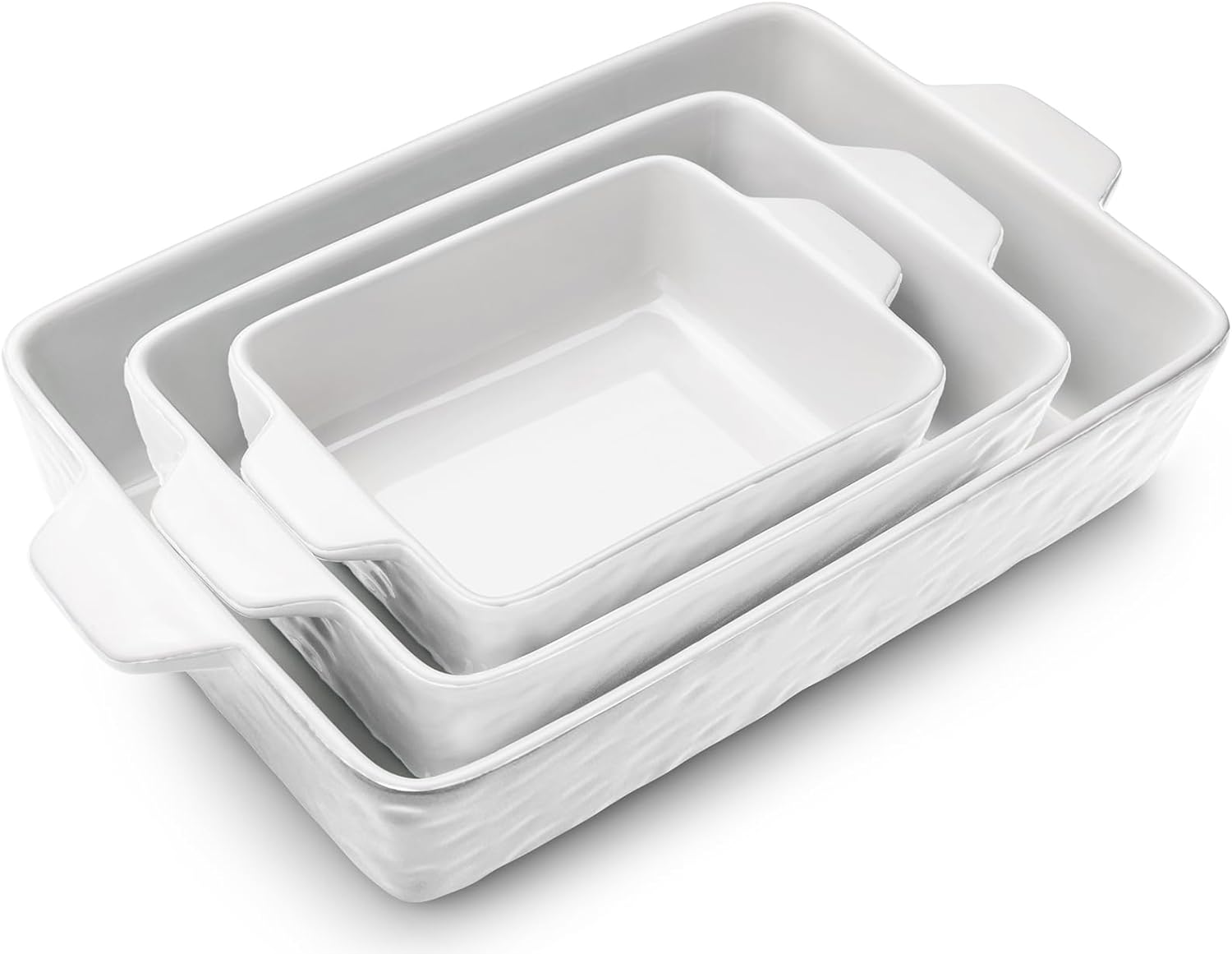 Regine Switzerland Casserole Dishes - Ceramic Baking Pan Set of 3 | Deep Lasagna Dish with Handles (11.6" x 7.8", White)