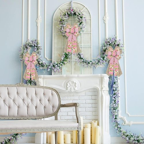 Hying Large Spring Flower Bow - Pink Natural Burlap for Wreaths & Front Door Decor