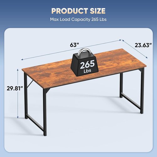 DUMOS 63-Inch Computer Desk - Modern Writing & Gaming Workstation with Metal Frame | Wood Brown Finish