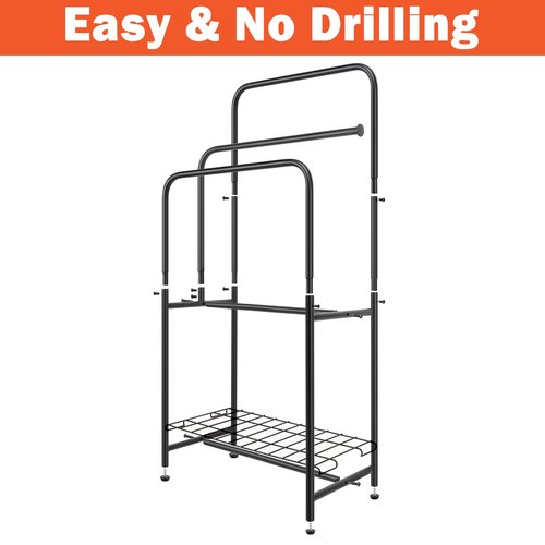HarJue Towel Racks for Bathroom, 35" H Standing Towel Holder 3 Tier Metal Pool Towel Hanger Outdoor Floor with Storage Shelves for Blanket Bath Towel Drying (Matte Black)