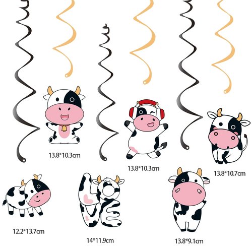 Zorpex Cow Birthday Decorations, Cute Animal Themed Happy Birthday Banner, Boy Girl Funny Party Supplies with Banner and Hanging Swirl