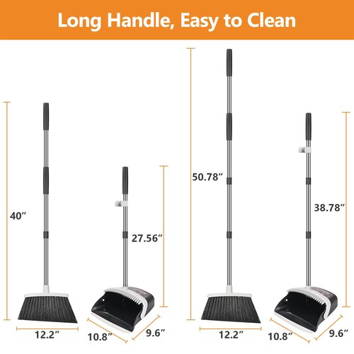 Folews Broom and Dustpan Set, Heavy Duty Dust Pan with Long Handle 51 Inch Broom with Dustpan Combo Set Upright Self-Cleaning Dust Pan Home Kitchen Lobby Indoor Outdoor Sweeping Cleaning Tool - Gray