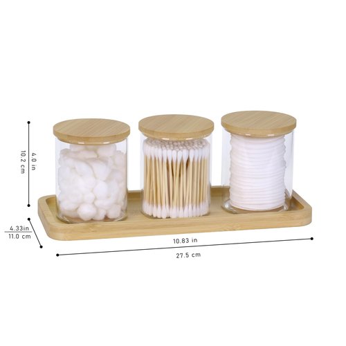 INIUNIK Qtip Holder with Vanity Tray, 3 Pack Glass Apothecary Jars with Lids, Bathroom Accessories Canisters Organizers Jars Containers for Cotton Ball Round Swab Pad Hair Ties Floss Perfume Jewelry