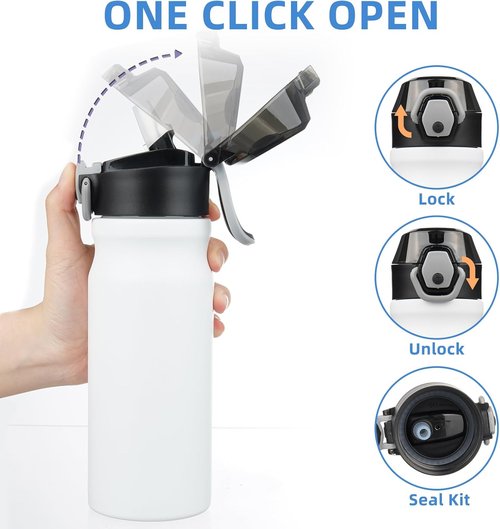 BJPKPK Insulated Water Bottle - 18oz Stainless Steel Flask with Straw, Leak-Proof Lid & Carry Handle | White