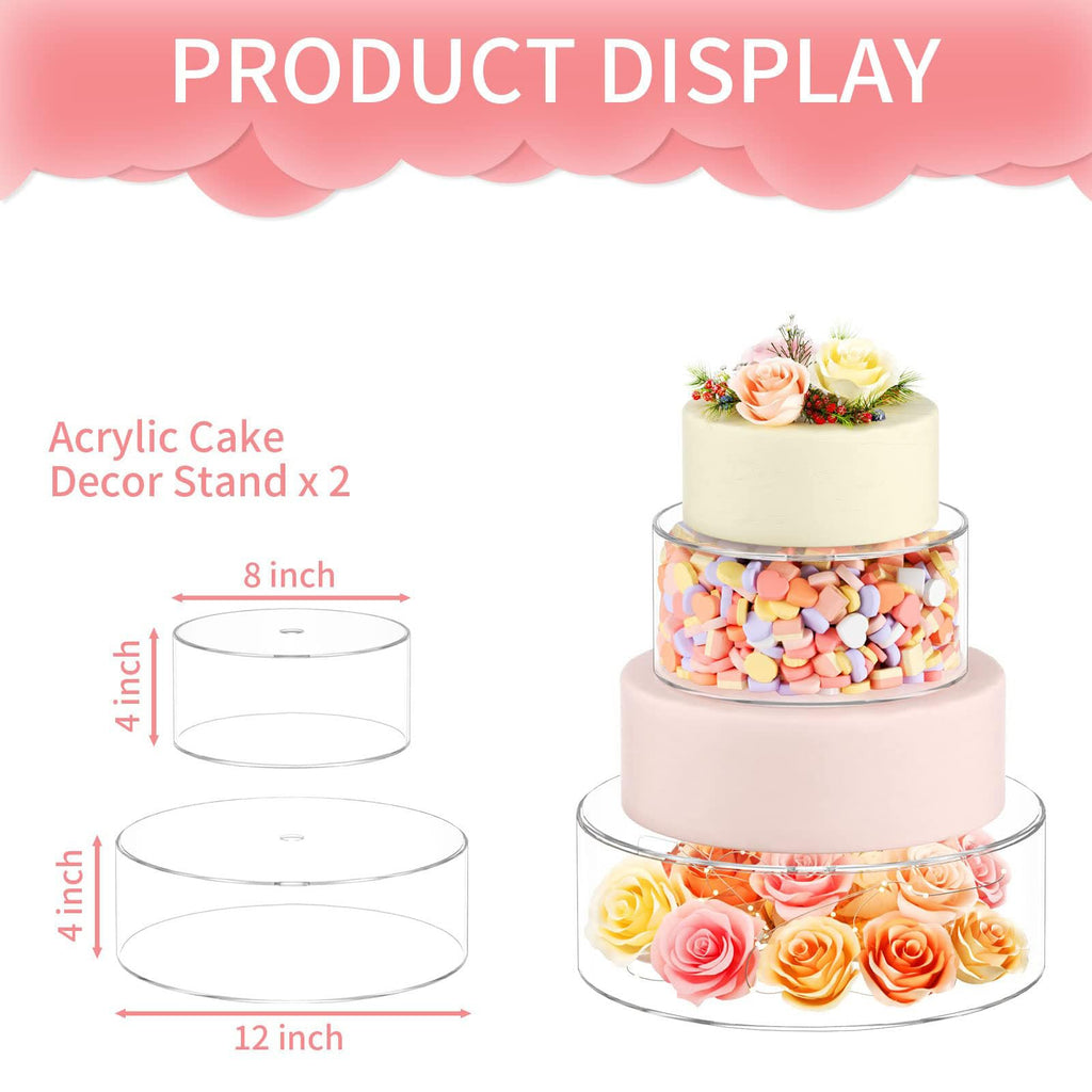 NPPLUS 2PCS Acrylic Fillable Cake Stand Cake Riser Cake Tier, Round Cylinder Display Riser Display Box, Decorative Centerpiece for Wedding Birthday Party (12" Dx4 H inch, 8" Dx4 H inch)