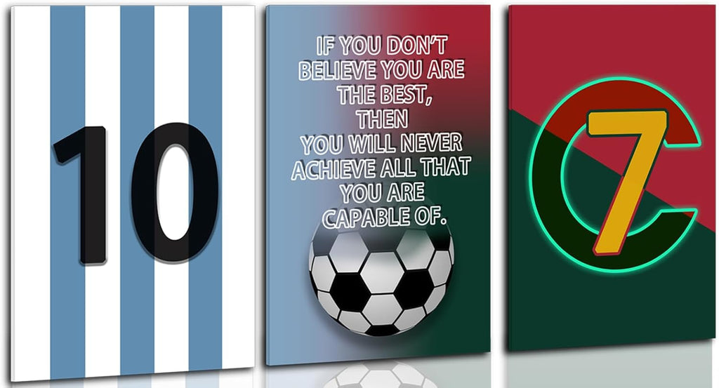 Pormipone Football Wall Art Decor - 3 Pcs Soccer Canvas Paintings for Boys Room | 16x24 in