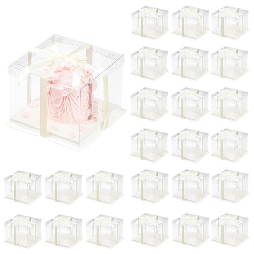 FZJ 24 Pcs Clear Gift Box with Ribbon 2-Layer 6.7x6.7x7.8 Inch, Transparent Cake Carrier Box with Lids, PET Tall Cake Packaging Boxes, Clear Gift Boxes for Birthday,Wedding and Festival Party