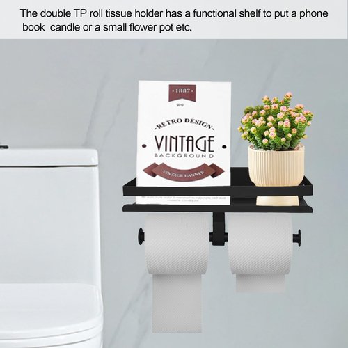 Matte Black Toilet Paper Holder with Shelf Wall Mounted,Stainless Steel Double TP Roll Tissue Holder for Bathroom(1, Matte Black)