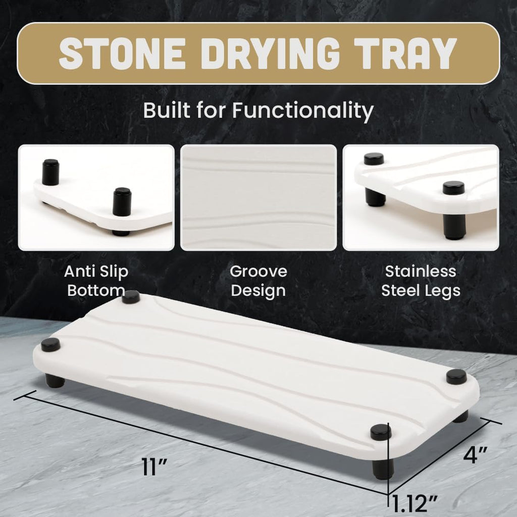 Stone Drying Tray Set - Diatomite Kitchen Sink Organizer | Water-Absorbing Bathroom Mat (White)