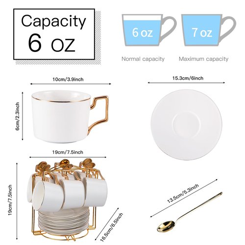 CHILDIKE 6oz Porcelain Cappuccino Cups Set of 6 with Saucers and Metal Stand, Stackable Tea Cups Set for Coffee, Latte, Espresso, Cafe Mocha, Matte White