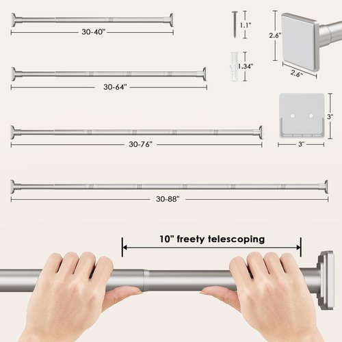 Haryaers Brushed Nickel Tension Curtain Rod Adjustable Shower Curtain Rods 30-76 In Spring No Drilling or Screw Installation Shower Rod for Bathroom Shower Bar for Closet Kitchen with Brackets