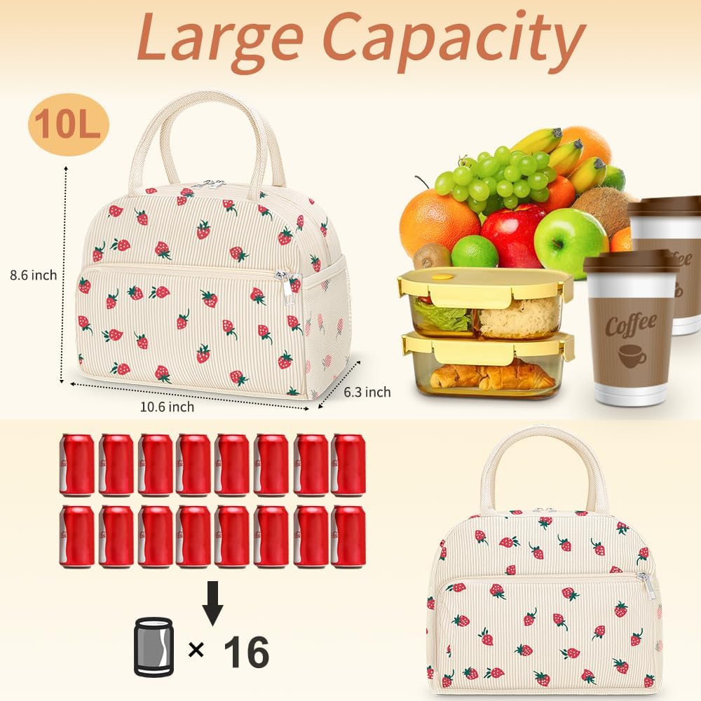 Coobiiya Insulated Corduroy Lunch Bag - Cute Strawberry Design | Large Capacity Tote for Work & Travel