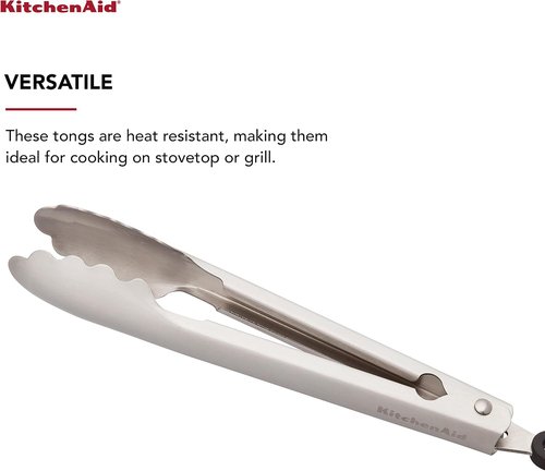 KitchenAid Stainless Steel Serving Tongs - 9 Inch with Secure Lock & Hang Hook, Durable Design