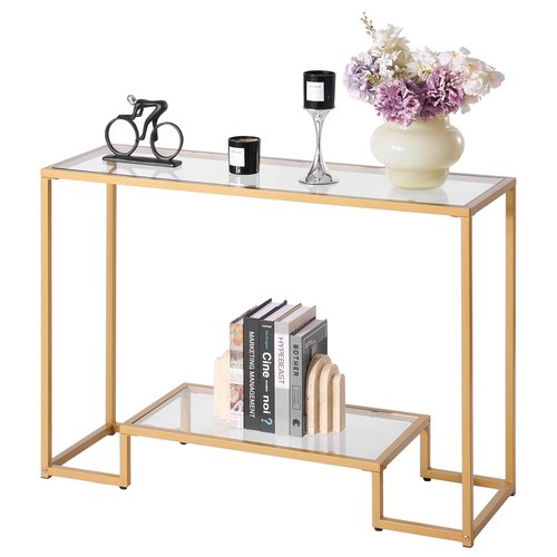 VEVOR Glass Console Table, 42 Inch Entryway Table, Modern Rectangle Sofa Table with Tempered Glass Top and Iron Legs, 2-Tier Golden Consloe Desk for Living Room, Hallway, Entryway