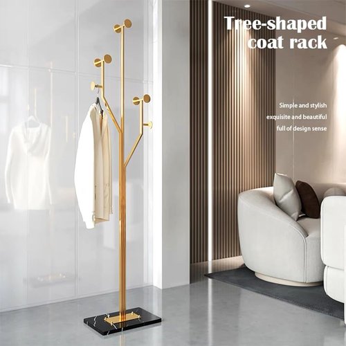 BUZUEY Gold Coat rack,Sturdy coat tree freestanding heavy duty with Marble Base,Metal standing coat rack for Bedroom,Entrance,Modern coat hanger stand for Coats,Hats,Bags(gold)
