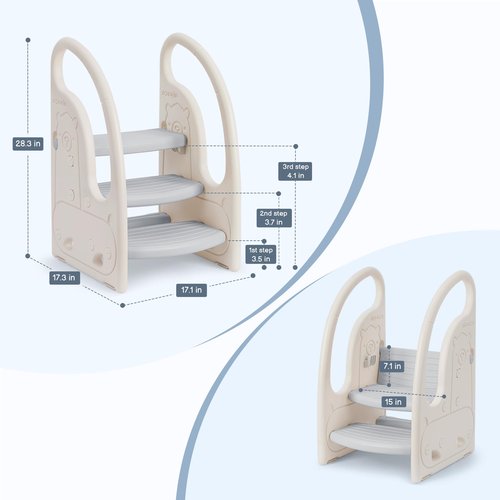 Toddler 3 Step Stool Onasti Kids Standing Tower for Toddlers Plastic Learning Helper Stool for Kitchen Counter Bathroom Sink Toilet Potty Training with Handles and Non-Slip Pads-Grey White