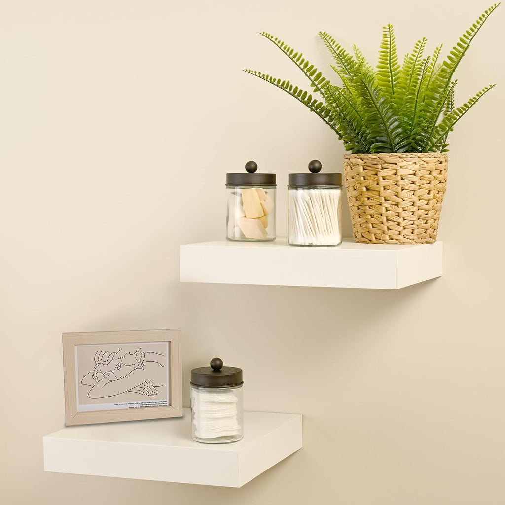 SheeChung Qtip Dispenser Holder Set - 4 Glass Apothecary Jars with Bronze Lids & Stickers | Bathroom Organizer