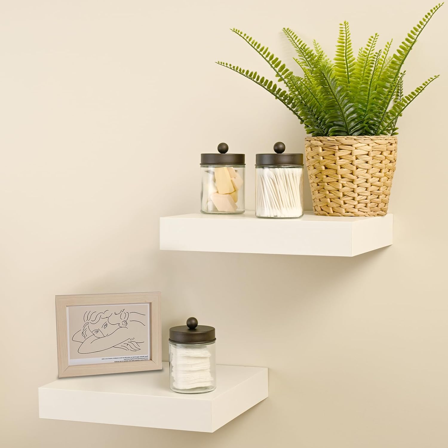 SheeChung Qtip Dispenser Holder Set - 4 Glass Apothecary Jars with Bronze Lids & Stickers | Bathroom Organizer