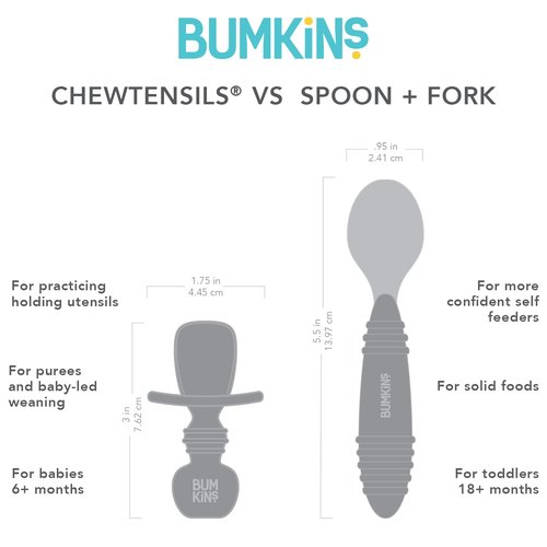 Bumkins Baby Utensils Set - Chewtensils Silicone Spoons & Fork for Self-Feeding | Soft Practice Tools for Babies 6+ Months - Sand Beige