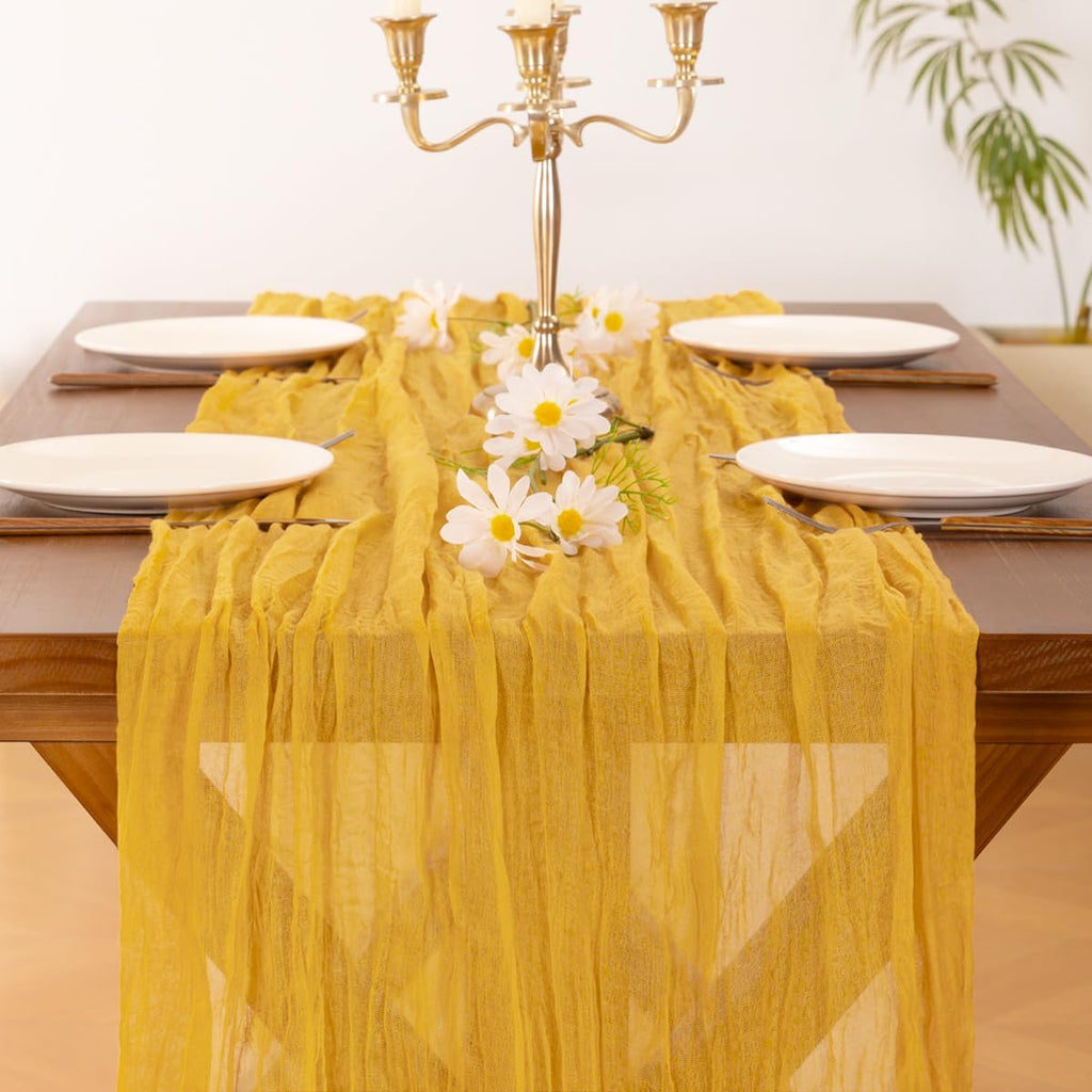 Socomi Cheesecloth Table Runner - 3pcs Gold Yellow Boho Rustic 120 Inch for Weddings & Parties