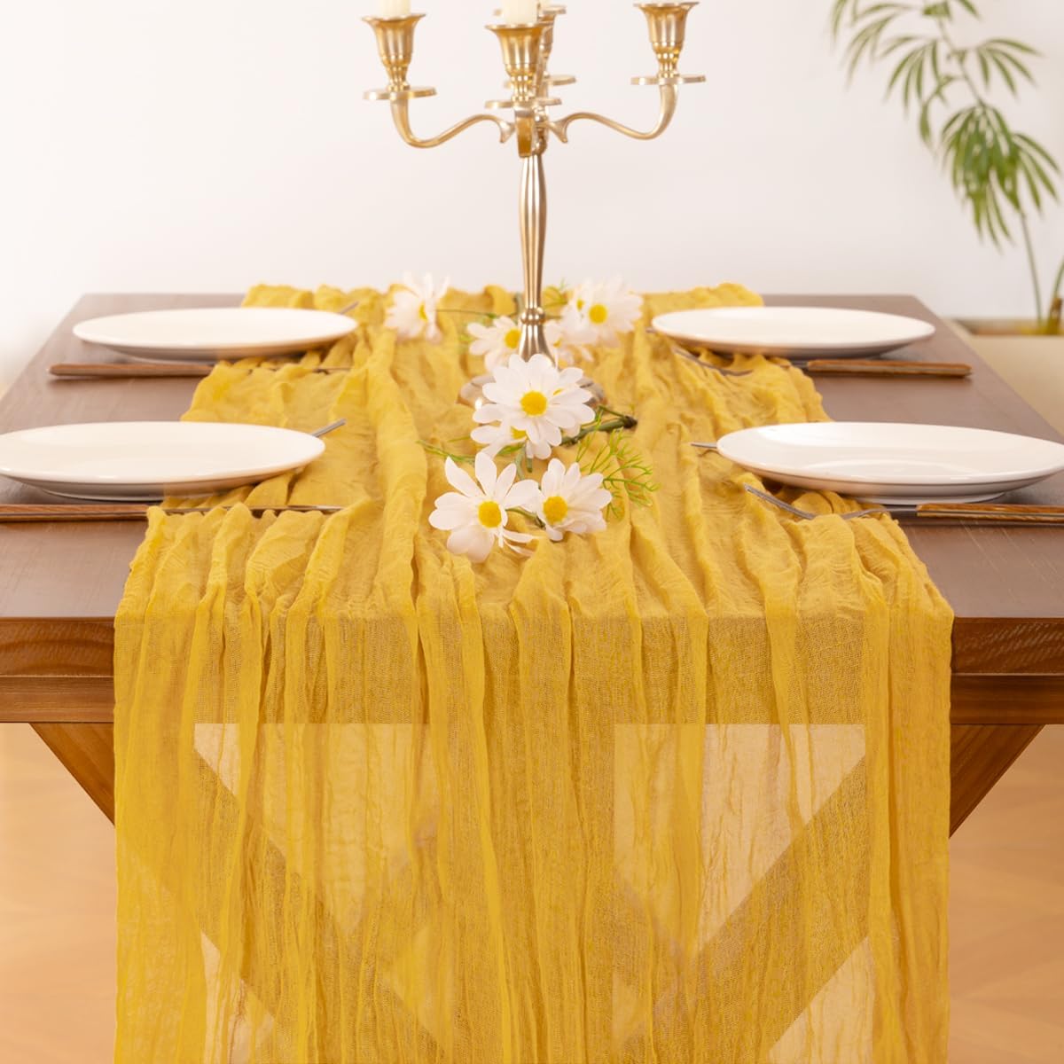 Socomi Cheesecloth Table Runner - 3pcs Gold Yellow Boho Rustic 120 Inch for Weddings & Parties
