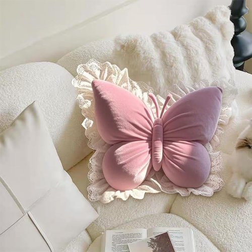 AHXHWKA Butterfly Throw Pillow, Butterfly Shaped Decorative Pillow for Sofa Couch Bed, Plush Velvet Lumbar Support Cushion for Office Chair & Car Seat (Pink)