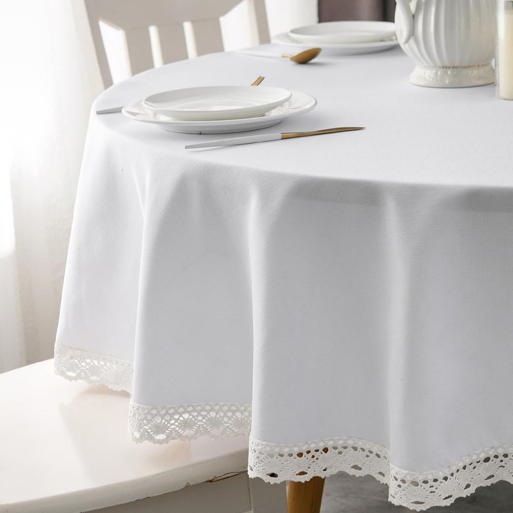 EHouseHome Faux Linen Tablecloth with Lace Trim - Waterproof/Spill Proof/Stain Resistant/Wrinkle Free/Oil Proof - for Banquet, Parties, Dinner,Wedding,Holiday,White Round 70Inch