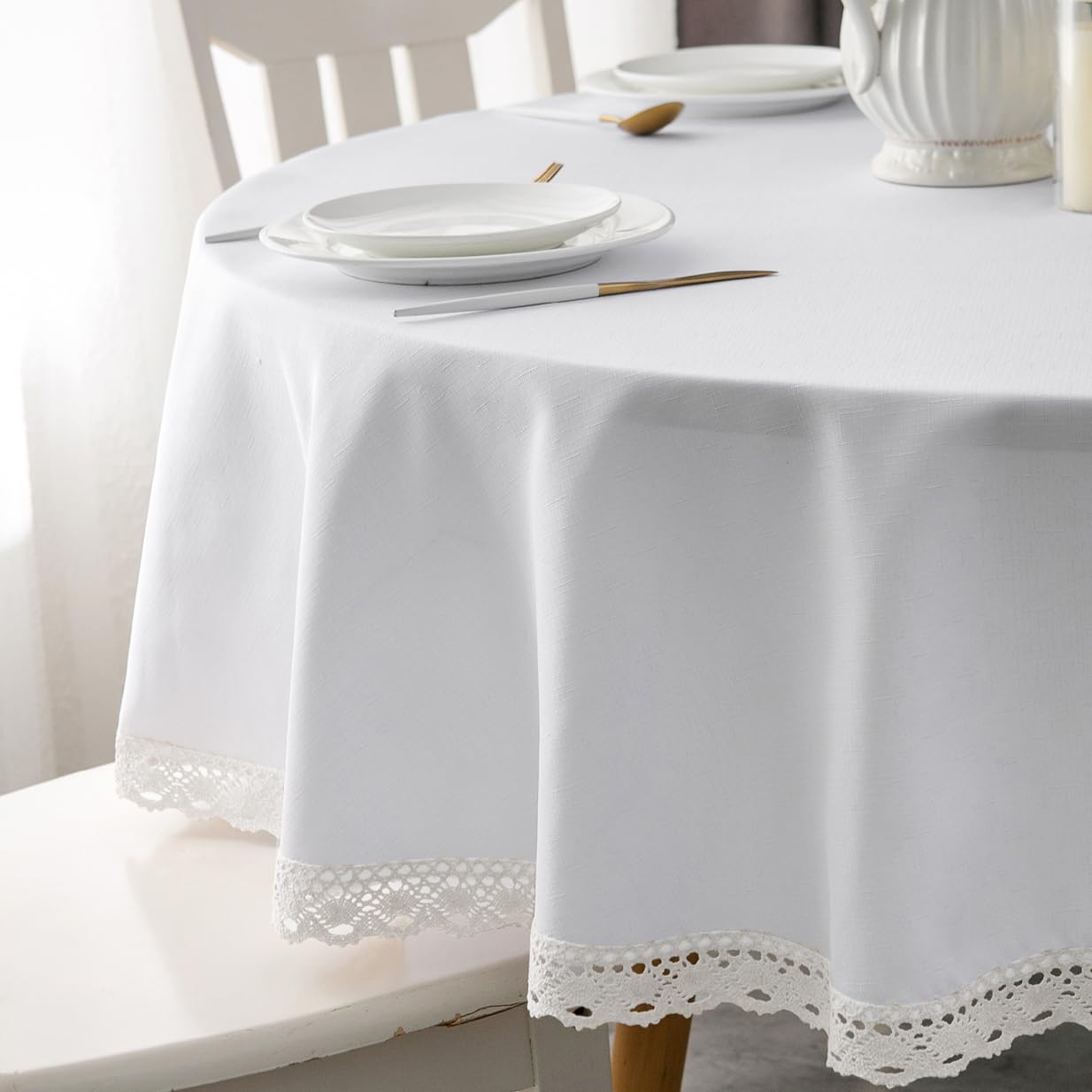 EHouseHome Faux Linen Tablecloth with Lace Trim - Waterproof/Spill Proof/Stain Resistant/Wrinkle Free/Oil Proof - for Banquet, Parties, Dinner,Wedding,Holiday,White Round 70Inch
