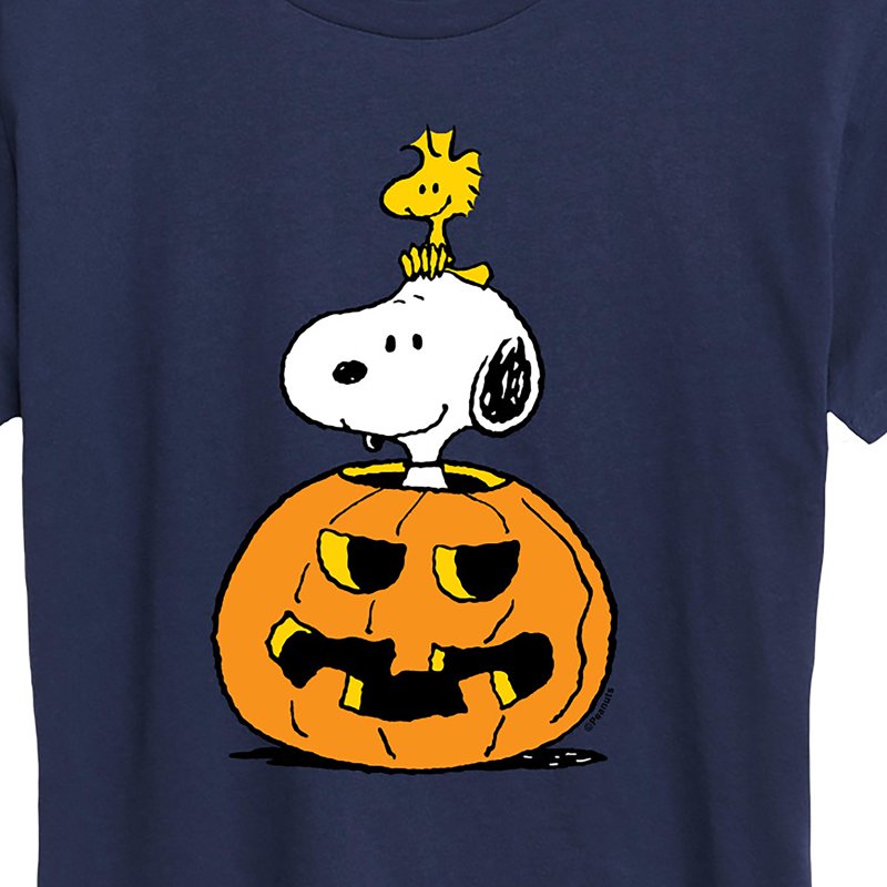 Women's Short Sleeve Graphic T-Shirt - Peanuts Snoopy Woodstock Pumpkin Navy 2X