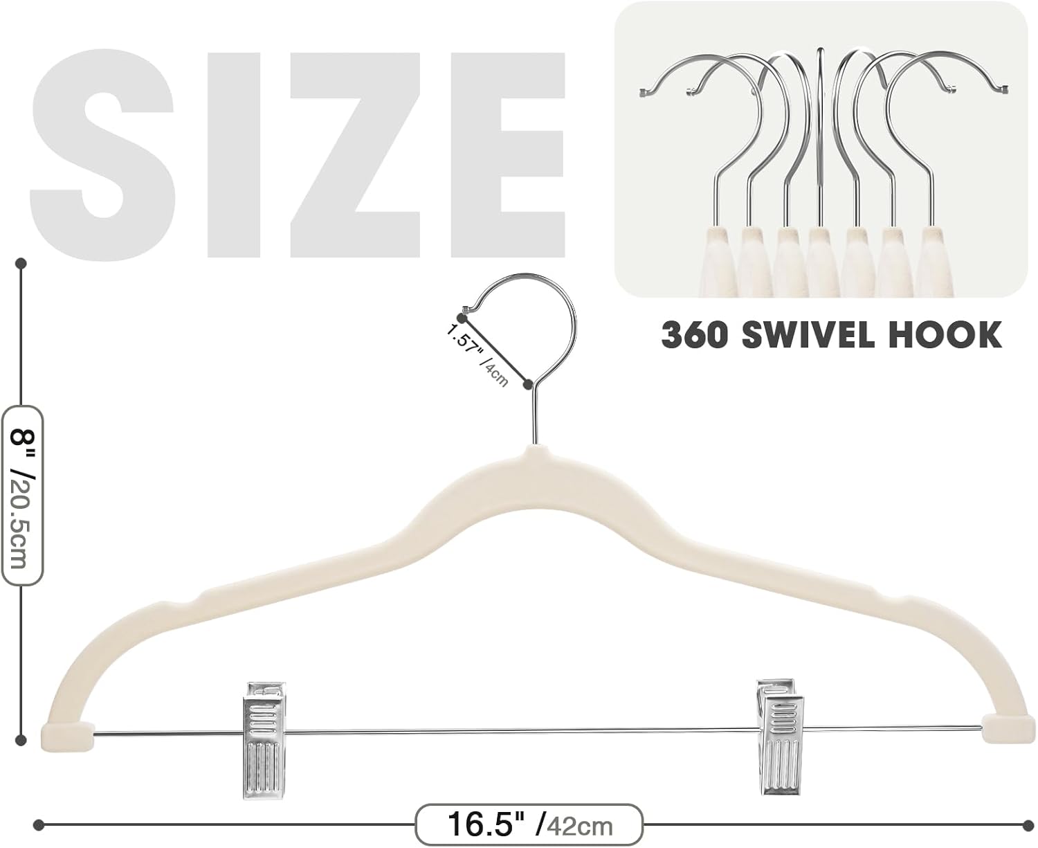 Skiennix 24-Pack Velvet Hangers - Adjustable Non-Slip Clips for Space-Saving Storage | Beige