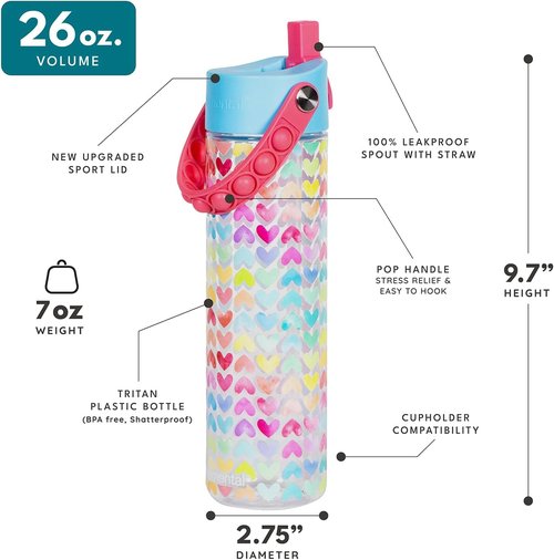 Elemental Splash Water Bottle - BPA-Free Tritan Plastic with Straw & Pop It Strap | 26oz Rainbow Heart - Ideal for Travel & Sports