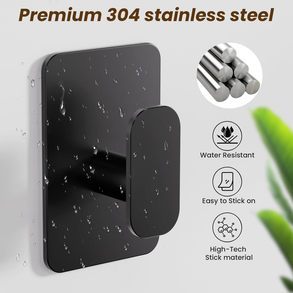 Skiennix Heavy Duty Self-Adhesive Hooks - 26lb Capacity, Waterproof & Rustproof Stainless Steel | Black, 4 Pack for Towel, Coat, Robe