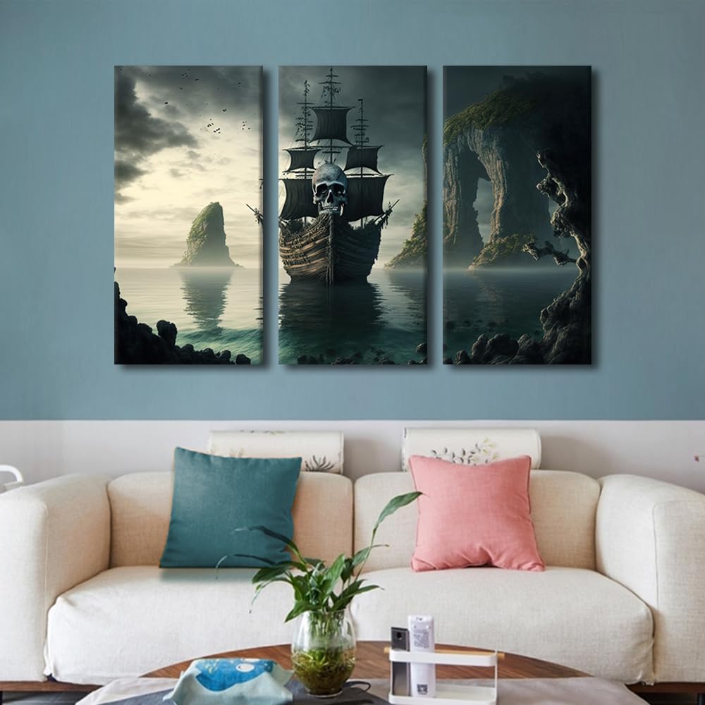 TUMOVO Canvas Wall Art for Bedroom Vintage Pirate Ship Wall Paintings for Living Room Fantasy Boat Office Modern Wall Art Scenery Pictures Print On Canvas Framed Ready to Hang, 42" Wx28 H