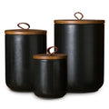JOJUNO Black Ceramic Canister Set with Wooden Lid, 3-Piece Airtight Food Storage Jars for Kitchen Counter - Flour, Sugar, Coffee, Tea, Spice - Small, Medium, Large Sizes