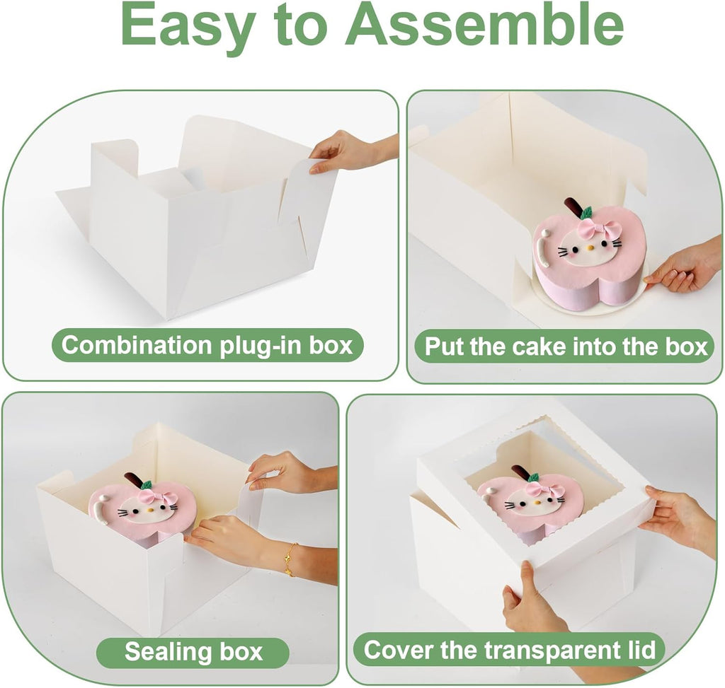 Skiennix Cake Boxes - 12x12x8 Inches Tall White Bakery Boxes with Large Window | 2 Pack, Disposable Transport Containers for Cakes, Cookies, Pies, Weddings, Birthdays